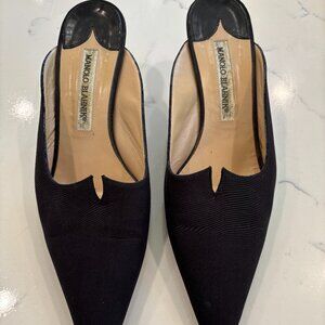 Manolo Blahnik Black Satin Faille Kitten Heel Slides / Mules - Sz 37 .5